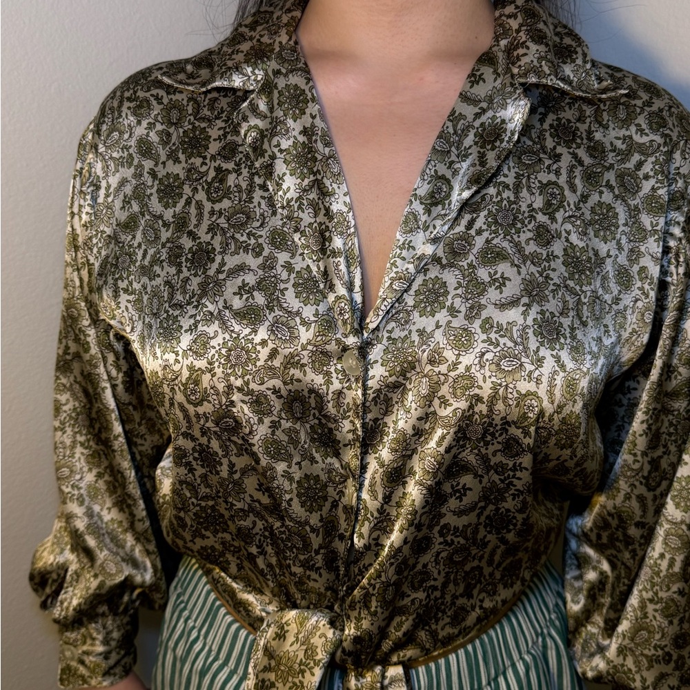 Topshop Tie Hem Paisley Satin Shirt, Floral Print Jacket in Green and Gold
